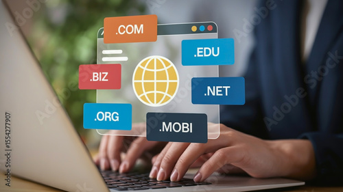 A digital illustration of a website domain name concept with a laptop keyboard in the background