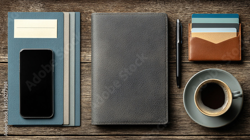 Business flat lay featuring financial reports, credit cards, and smartphone on wooden background, suitable for digital payments, finance tracking, or banking and money management visuals