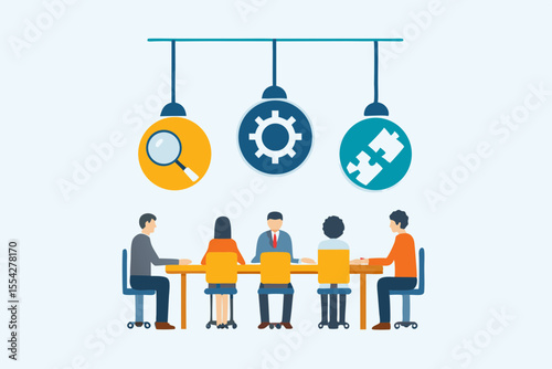 Business meeting with icons representing strategy analysis and problem solving