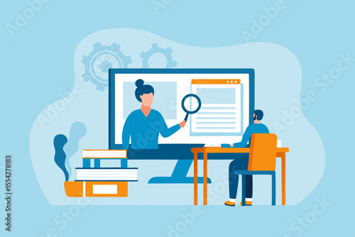 Online learning and research with a teacher explaining concepts using a magnifying glass