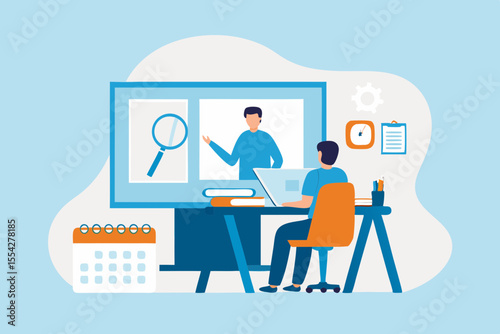 Student learning online from a teacher presentation on a large screen