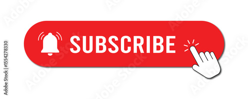 Subscribe Button with Hand Click and Bell Icon Red in Vector Style