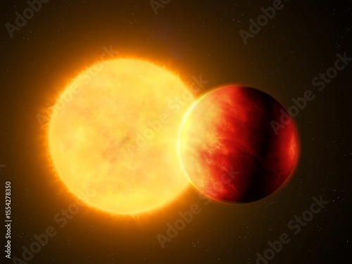 Planet close to the star. Hot exoplanet in orbit around the sun. Space landscape.