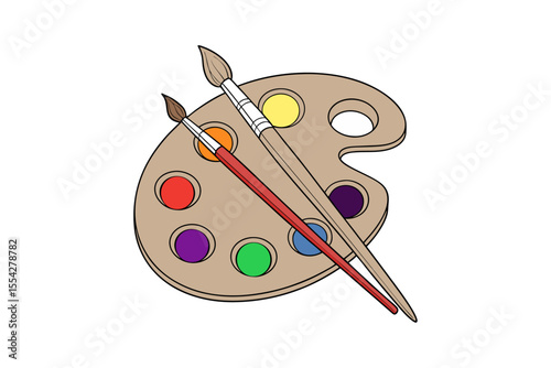 Artistic wooden palette with colorful paint dabs, isolated on transparent background.