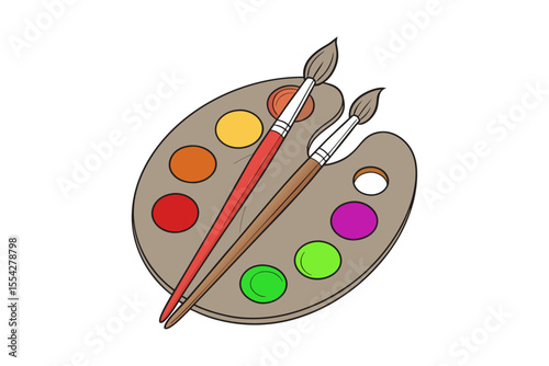 Wooden artist palette with assorted paint colors, isolated on transparent background