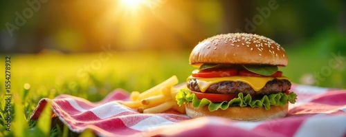 Wallpaper Mural Juicy cheeseburger on a picnic blanket, bathed in golden sunlight Perfect outdoor meal, fresh air, summer vibes Enjoy the simple pleasures of life , casual, cheese, sunlight Torontodigital.ca