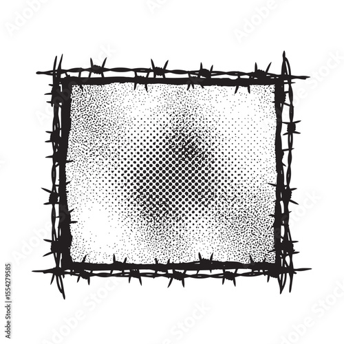 Grunge vector art illustration with a barbed wire frame border for a vintage blank sign or photo decoration