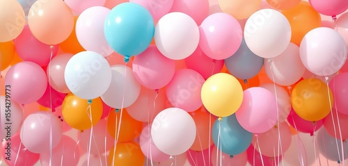 Pastel balloons, buoyant & clustered, soft light, joyful celebration,  pretty,  adorable