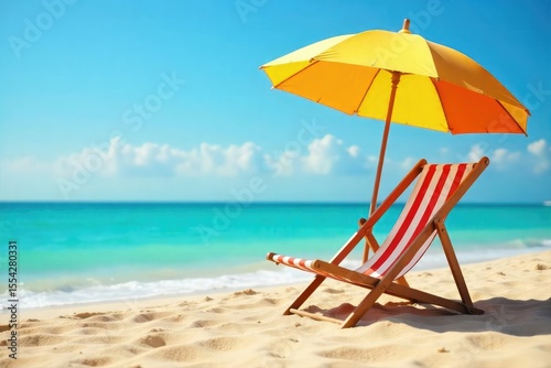 Wallpaper Mural Relaxing beach scene with a striped deck chair and a bright beach umbrella providing shade on golden sand Perfect for summer vacation or travel themes , ocean, heat Torontodigital.ca