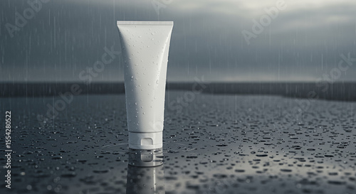 Vertical tube mockup standing in puddle with raindrops on surface  