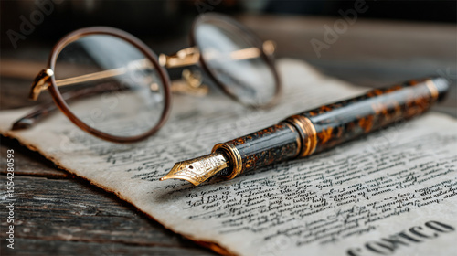 Flat lay of business contracts, elegant fountain pen, and reading eyeglasses on dark wooden surface, ideal for legal documents, professional workspaces, or corporate agreement visuals
