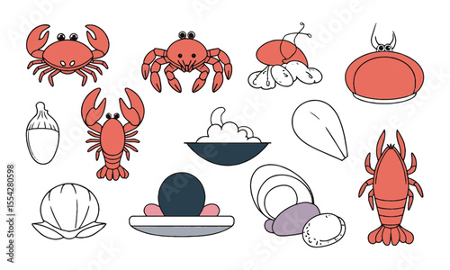 scalable vector illustration featuring a collection of stylized seafood elements, crab, shrimp, clams, lobster, mussels, conch, scallops, easily editable.