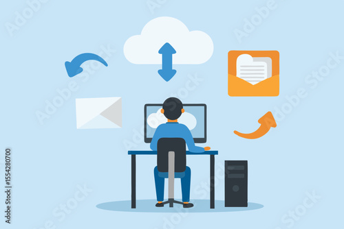 Person working on computer with cloud storage and email communication icons