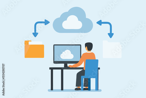 Man using computer for cloud data storage and file transfer concept illustration