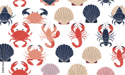 scalable vector illustration featuring a collection of stylized seafood elements, crab, shrimp, clams, lobster, mussels, conch, scallops, easily editable.