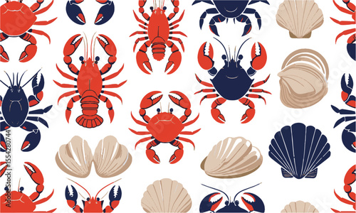 scalable vector illustration featuring a collection of stylized seafood elements, crab, shrimp, clams, lobster, mussels, conch, scallops, easily editable.