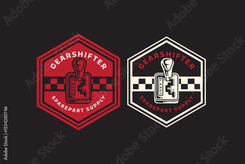 car gearshift retro badge design. vintage mechanical shifter emblem with racing accent. bold gearshift spare part illustration patch design for automotive, garage, racing merchandise and branding
