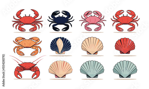 scalable vector illustration featuring a collection of stylized seafood elements, crab, shrimp, clams, lobster, mussels, conch, scallops, easily editable.
