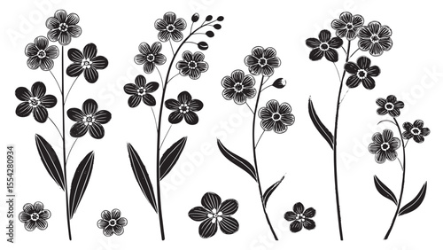 Collection of delicate dark blue forget me not flowers and leaves silhouette