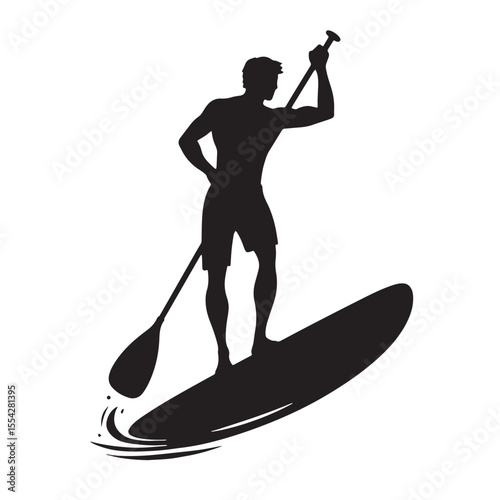 Black Paddle Boarder  Silhouette Vector, High Quality Illustration on White Background