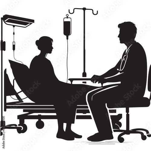 Black Patient sitting on hospital bed Silhouette Vector, High Quality Illustration on White Background