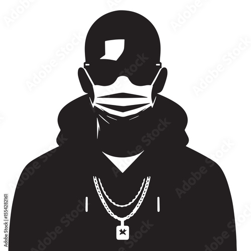 Black Person wearing face mask Silhouette Vector, High Quality Illustration on White Background