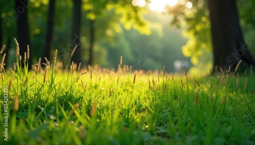 Wallpaper Mural Sun-dappled meadow, lush green grass interspersed with dried hay stalks, creating a textural contrast in a tranquil forest clearing Perfect for nature, rural, and environmental themes , shadow, flora Torontodigital.ca