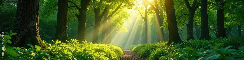 Fototapeta premium Sunlight dapples through the leaves in a lush, vibrant forest park Perfect for nature, tranquility, and environmental themes Ideal for websites, blogs, and publications , dappled light, ecosystem