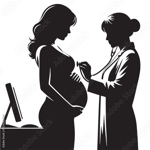 Black Pregnant woman check-up Silhouette Vector, High Quality Illustration on White Background