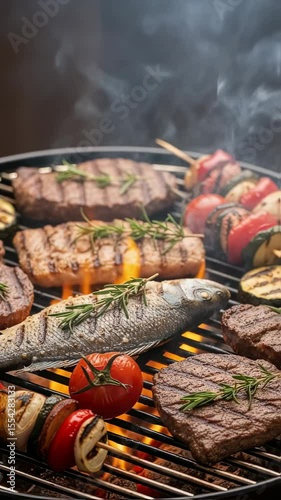 Grilled meats vegetables on smoky barbecue grill for summer parties