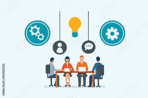 Team collaboration and brainstorming session with icons representing ideas and processes