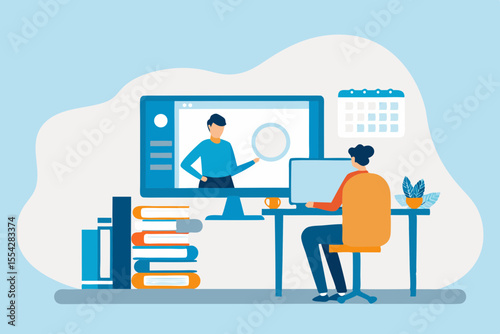 Person learning online from a teacher on a computer screen with books