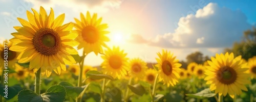 Vibrant sunflowers bask in the warm glow of summer sunshine, their golden petals reaching towards the sky A picturesque scene of nature's beauty and radiant energy , bright yellow, rural, golden hour