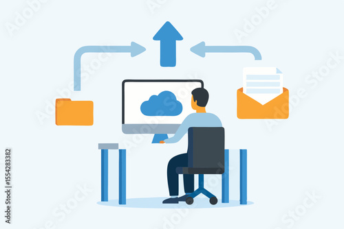 Man working on computer uploading data to the cloud from files and email
