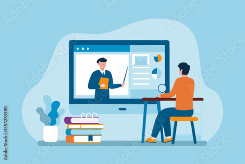 Student learning online from a teacher presenting a lecture on a computer screen