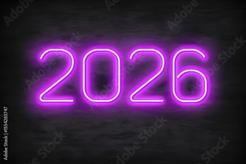 2026 neon sign in vibrant purple glowing light on dark background for futuristic design aesthetic