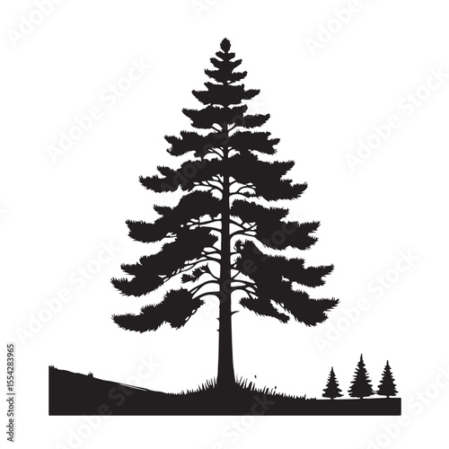 Black Single pine tree Silhouette Vector, High Quality Illustration on White Background