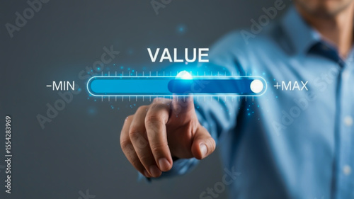 The slider is a horizontal blue bar with a glowing effect, positioned horizontally across the center of the image. The text VALUE is in white capital letters above the slider