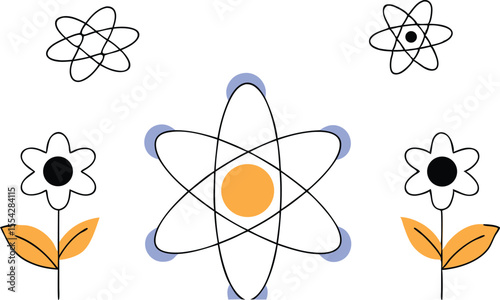 60s-inspired vintage science diagram of floral and atomic cross-sections in a playful, retro graphic style