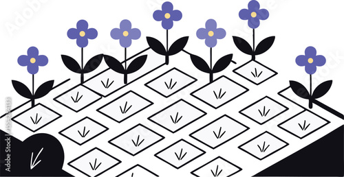 A stylized garden where each flower bed is mapped like rows of the periodic table