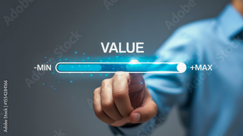 The slider is a horizontal blue bar with a glowing effect, positioned horizontally across the center of the image. The text VALUE is in white capital letters above the slider