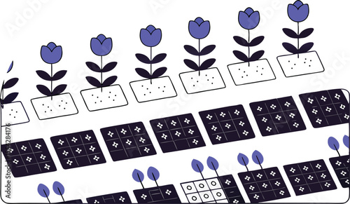 A stylized garden where each flower bed is mapped like rows of the periodic table