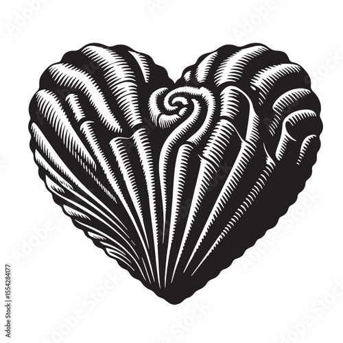 Black Seashell Heart Silhouette Vector, High Quality Illustration on White Background