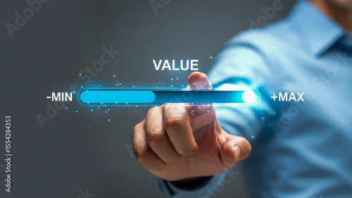 The slider is a horizontal blue bar with a glowing effect, positioned horizontally across the center of the image. The text VALUE is in white capital letters above the slider
