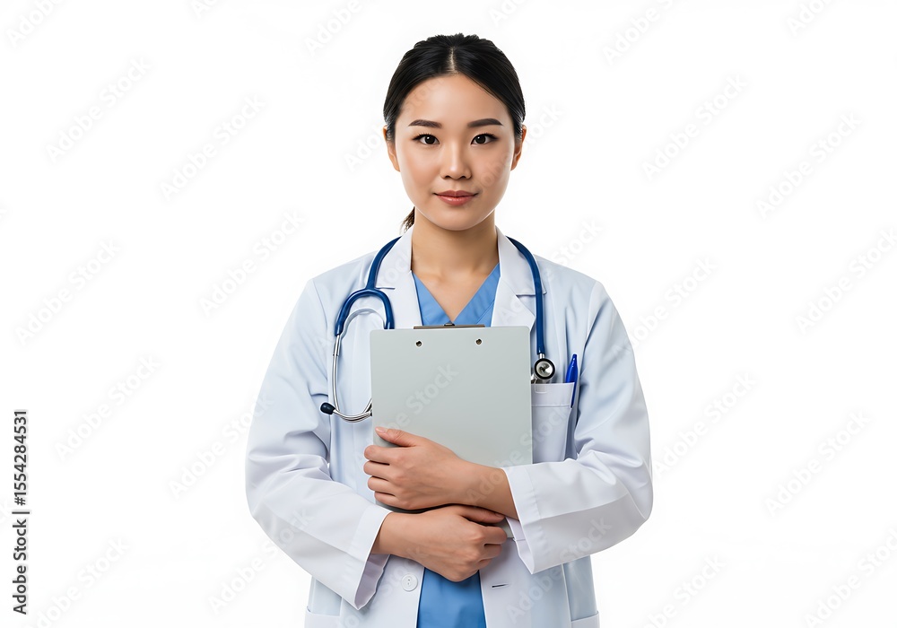 A Serious And Professional Young Asian Female Doctor In A White Coat And Stethoscope Holds A Clipboard, Isolated On White, Healthcare Professional, Medical Records A Serious And Professional Young Asian Female Doctor In A White Coat And Stethoscope Holds A Clipboard, Isolated On White, Healthcare Professional, Medical Records