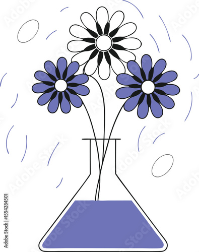 Flowers caught in a frozen cartoon lab moment — vectorized petals shattering in icy mist