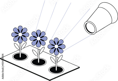 Flowers drawn in fluorescent style with UV-glow-like visual effects, labeled with cartoon wavelengths