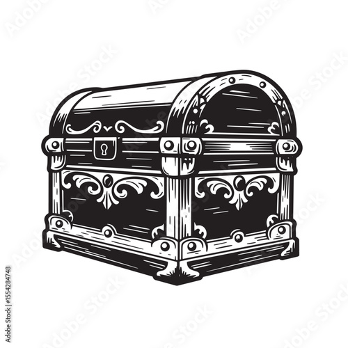 Antique wooden treasure chest illustration in vintage art silhouette style with decorative elements