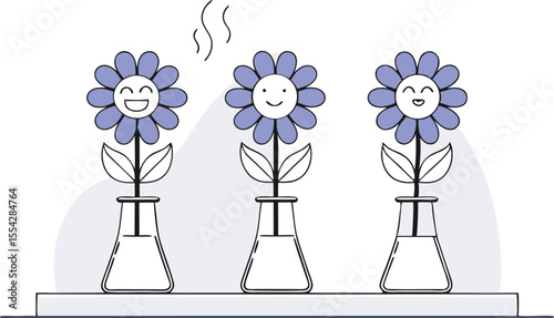 Stylized scene of flowers surviving in cartoon lab jars exposed to exaggerated acids, heat, cold, and solvents