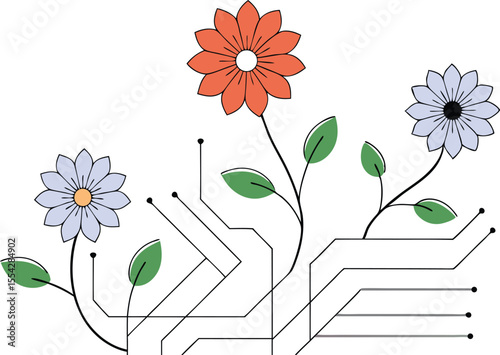 Vector flowers integrated into a circuit board pattern, replacing chips and nodes with petals and stamens